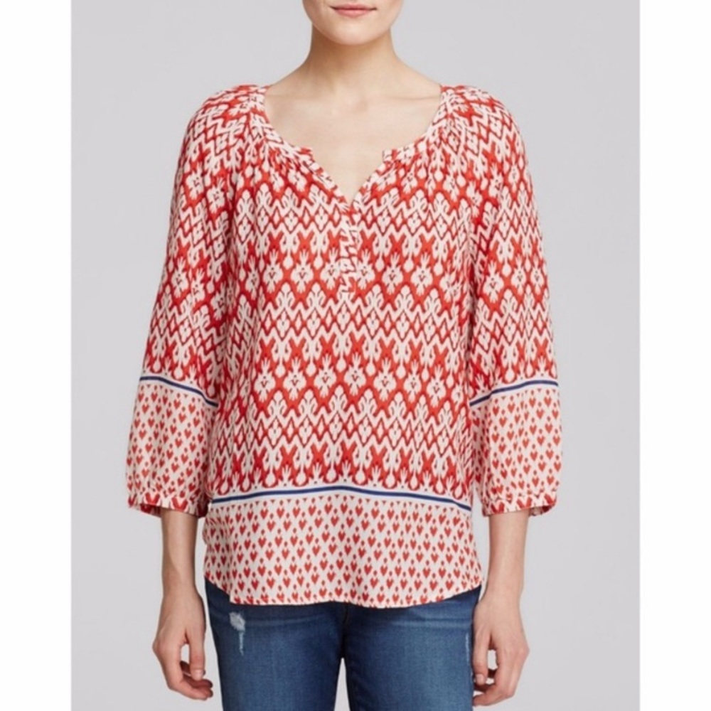 BEACHLUNCHLOUNGE Women's Sonya Red Ikat print Boho Peasant Blouse Top, Size S